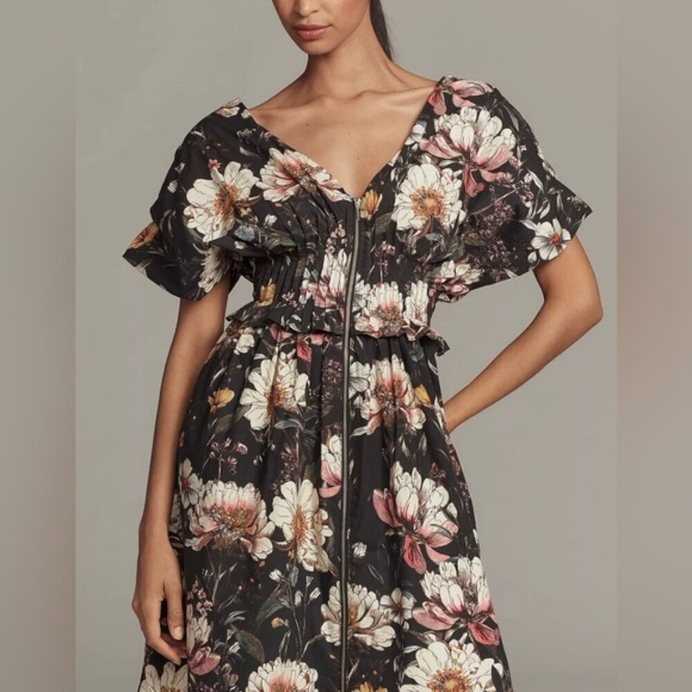 NWT Size XSP -Anthropologie 100% Cotton Zip-Front Midi Dress Floral(NWT US$ 188)
